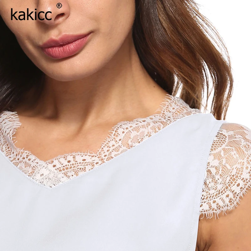 Lace Spliced Chiffon Women Blouses V Neck Sleeveless Shirts Summer Loose Casual Female Fashions Elegant White Solid Tops |