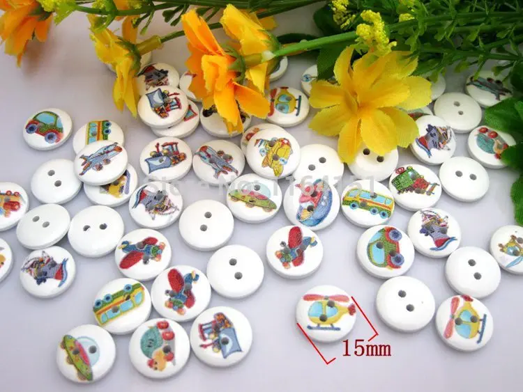 mix 150 pcs/lot Print cartoon Car Wood Decorative buttons 2 Holes 15mm Sewing Scrapbooking Crafts botoes Clothing accessories | Дом и сад