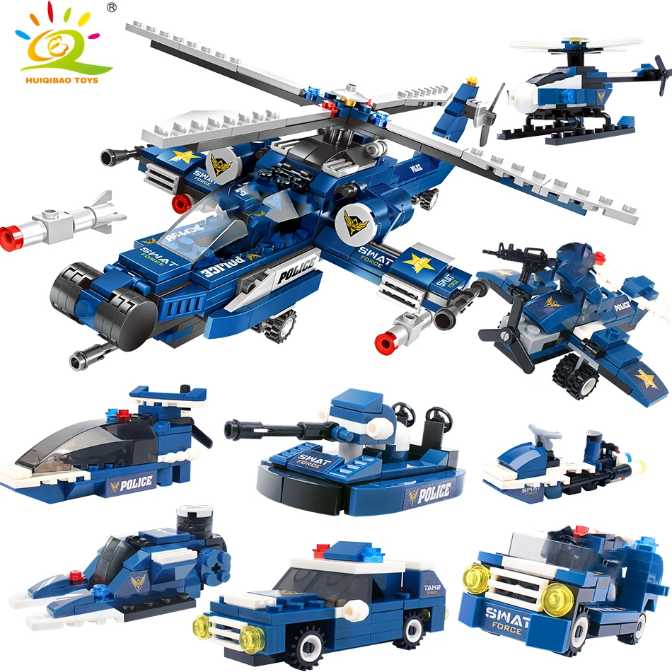 

HUIQIBAO 8in1 515PCS City Swat Police Building Blocks Helicopter Boat Truck Vehicles Figures Bricks Construction Toys Children