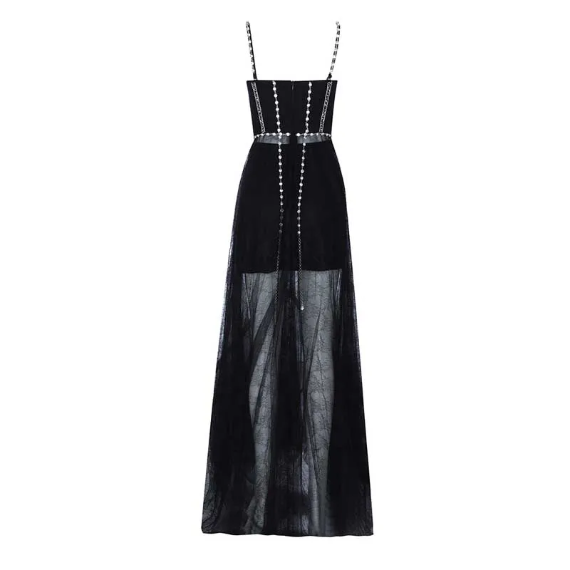 wholesale 2019 New Chic Lace Mesh Patching Diamonds Embellished Sexy Sleeveless Celebrity Party Style Wholesale Women Long Dress | Женская