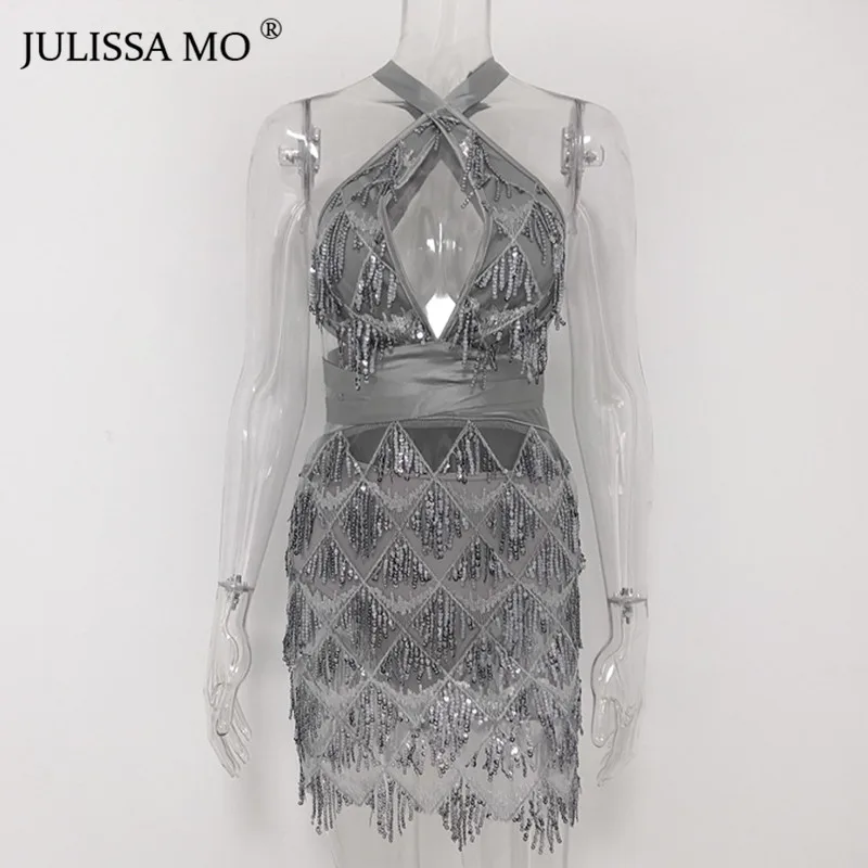 Julissa mo, серебристое Бандажное облегающее платье с блестками, женское сексуальное мини-платье с открытой спиной,, вечернее платье с кисточками знаменитостей vestidos