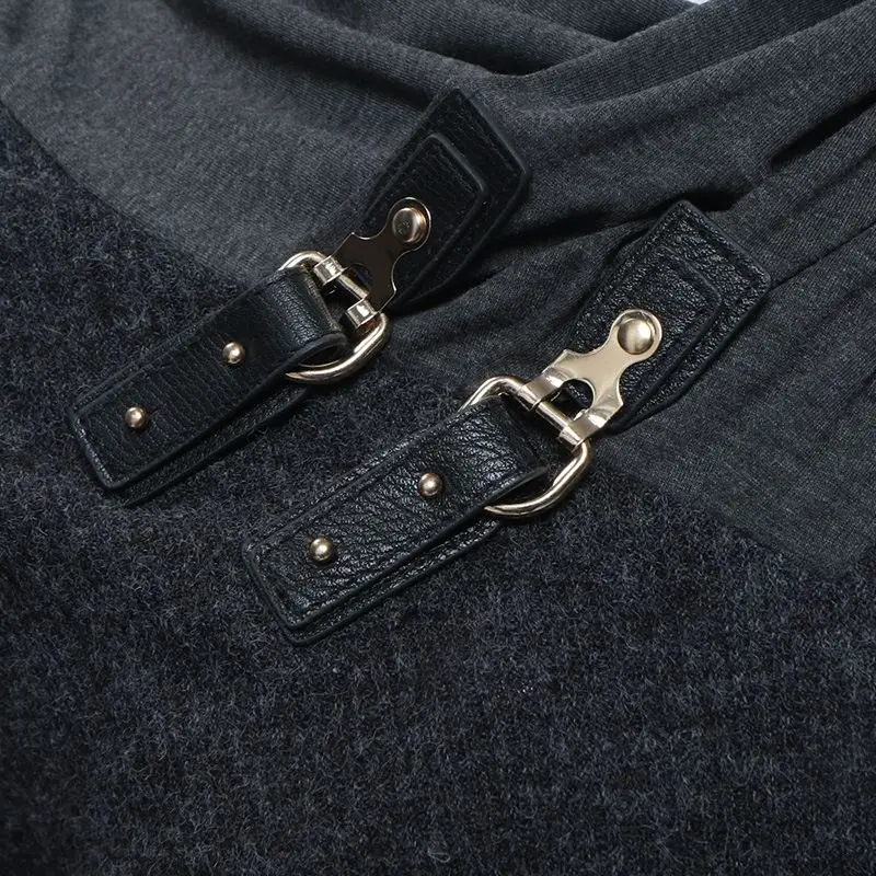 

New leather buckle decorative solid color sweater fashion men Pile collar stitching long sleeve slim casual top clothes
