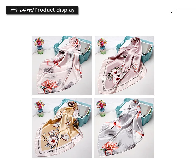 Модный розовый желтый шарф для волос для женщин цветочный принт Шелковый сатиновый хиджаб шарфы 90*90 см квадратный шейный платок шарфы для дам
