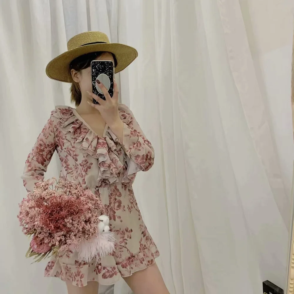 Boho женские комбинезоны кружева с цветочными рисунками короткие гофрированное обернутое летнее коcтюм с длинными рукавами Свободный женский вырез с оборками комбинезон