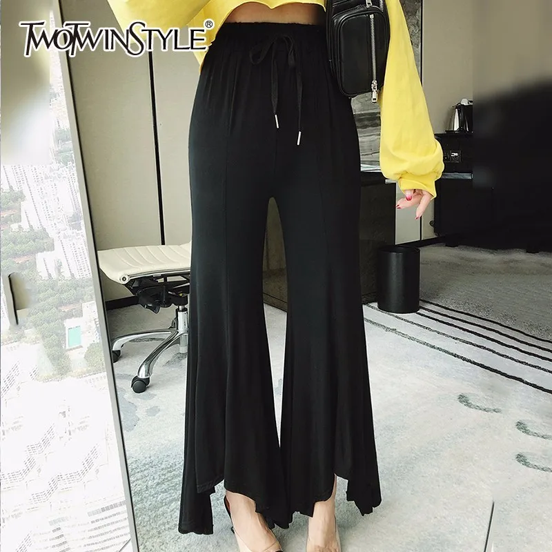 TWOTWINSTYLE Lace Up Pants Female High Waist Elastic Irregular Oversize Long Flare Trousers Autumn 2018 Fashion OL Clothing | Женская