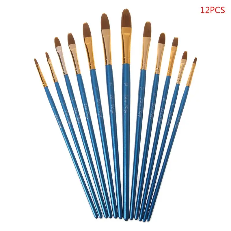 Round Tip 12 шт набор кистей для рисования для художника нейлоновая щетина Акварельная акриловая масляная краска наклонная Плоская Круглая заостренная ручка наконечник товары для рукоделия C26 - Цвет: Round Tip