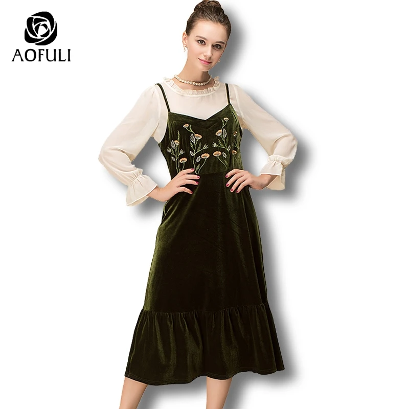 AOFULI XL-4XL Сицилия стиль Цветочный Вышивка платье костюм 2 шт. камзол длиной до икры