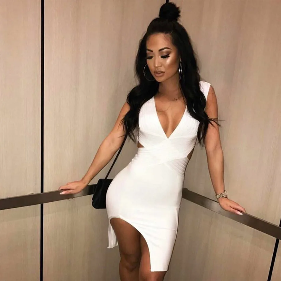 Облегающее женское платье с глубоким V образным вырезом и разрезом|bandage dress|bodycon