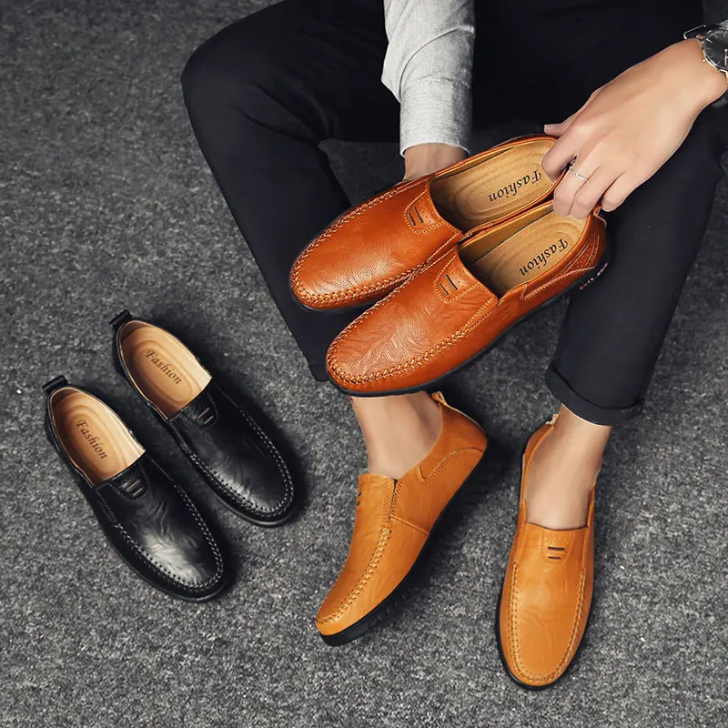 

QASDUO Leather Mens Winter Warm Shoes Black Men Flats Breathable Casual Italian Loafers Comfortable Plus Size 47 Driving Shoes