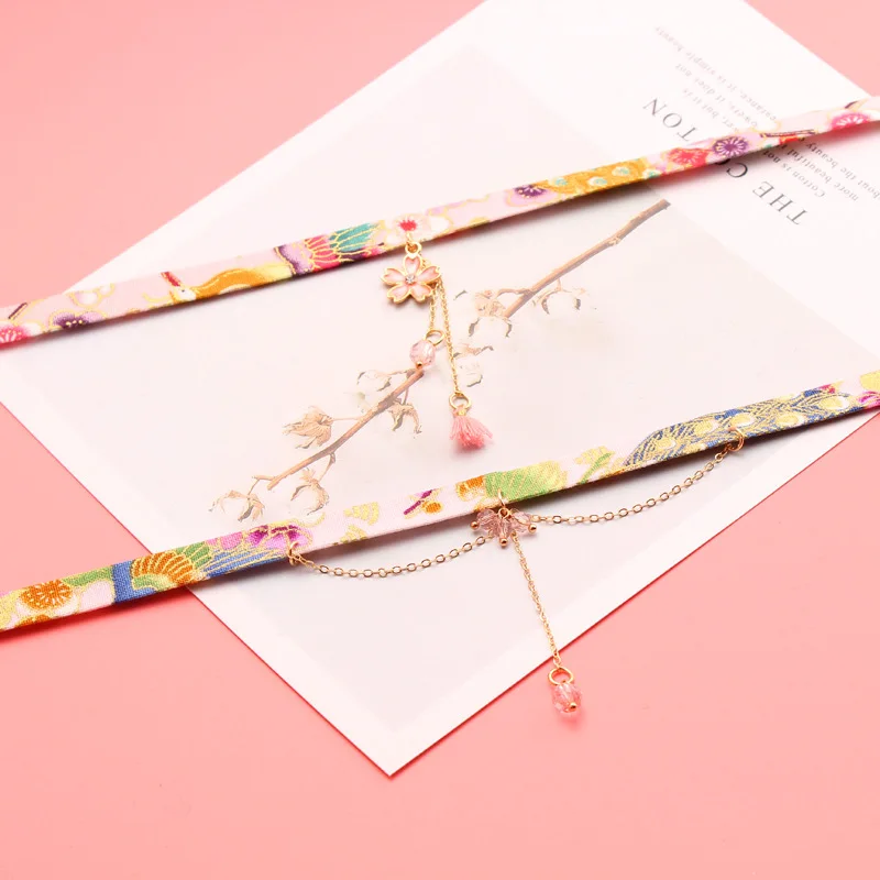 DoreenBeads классический японский стиль лента веревочка кукла чокер милый романтический женский розовый цветок бусина короткое ожерелье с подвеской, 1 шт
