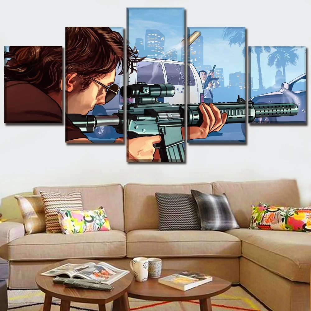 Game Poster Modern Wall Art Framework 5 Pieces Grand Theft Auto V Shooting Hands Picture Canvas Paintings Living Room Decor | Дом и сад