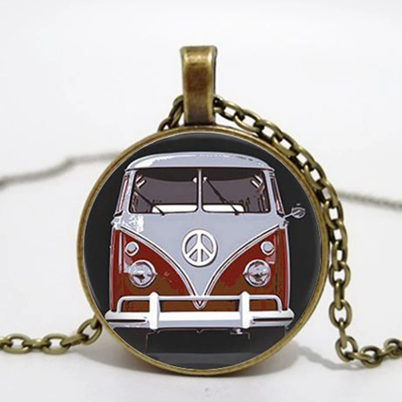 Fashion Retro Hippie Peace Sign Fan Bus Camper Necklace Charm Men and Women Decorative Glass Pendant Gift Toy Souvenir |