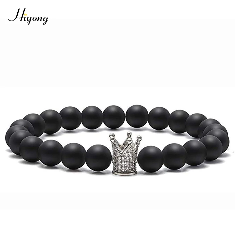 HIYONG 8 мм черный матовый белый Howlite Парные браслеты CZ Корона Король Королева натуральный камень Бусины Браслеты Шарм расстояние браслет - Окраска металла: Black Matte