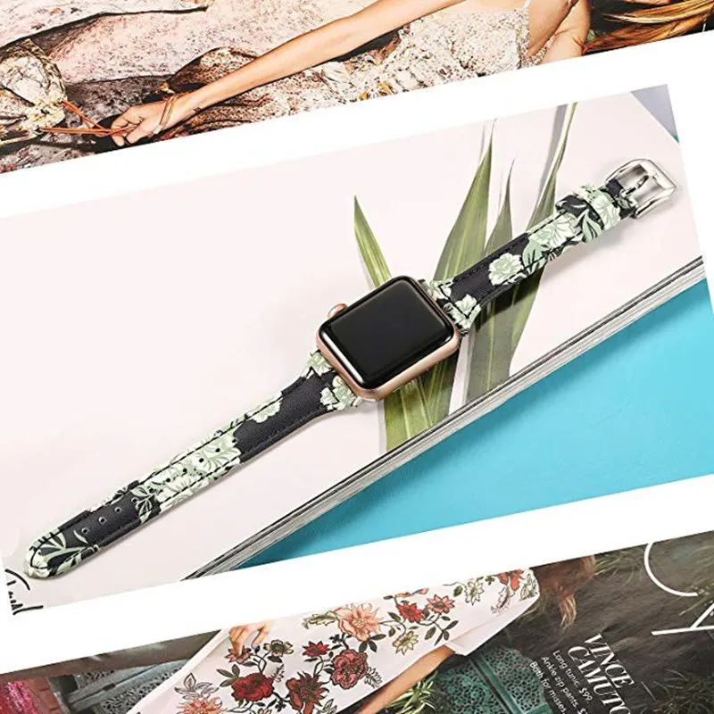 ASHEI для Apple Watch Band 4 кожа 40 мм 44 мм 42 мм 38 мм iWatch Series 3 2 1 узкое, с цветочным принтом ремешок для Apple Watch 3