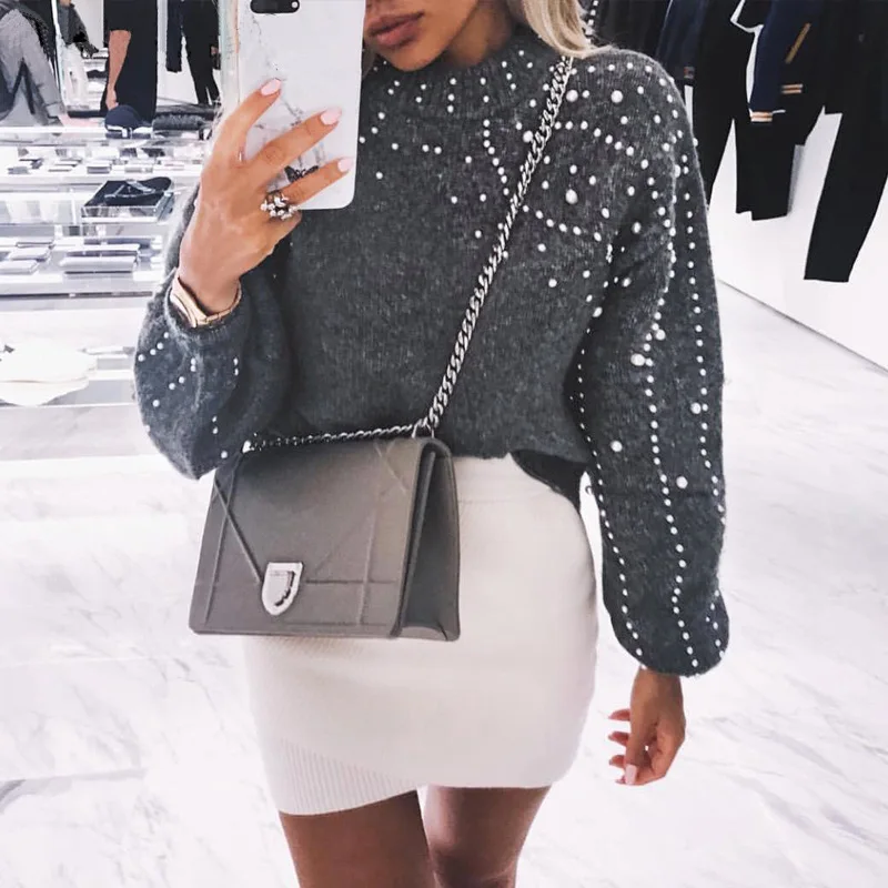 Осенний трендовый свитер с жемчужинами и бусинами пуловеры для женщин 2018 зимний