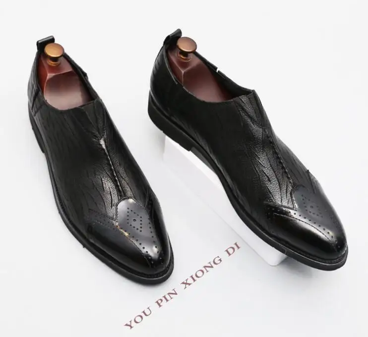 Genuine leather black dress shoes men slip on smart casual height increasing med heel summer pointed toes carved brogue | Обувь
