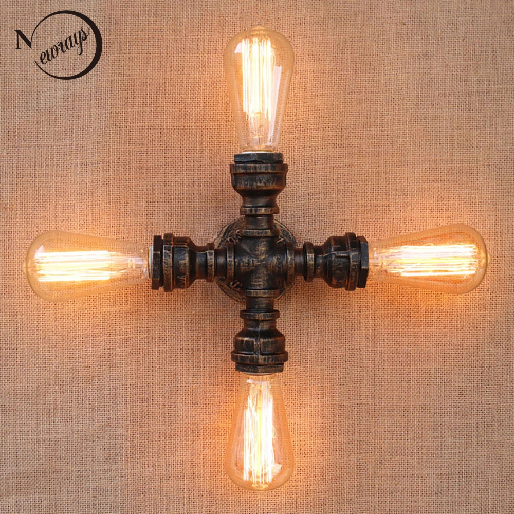 

Vintage Loft Industrial art 4 lights iron rust Water pipe wall lamp e27 sconce lights for living room bedroom restaurant bar