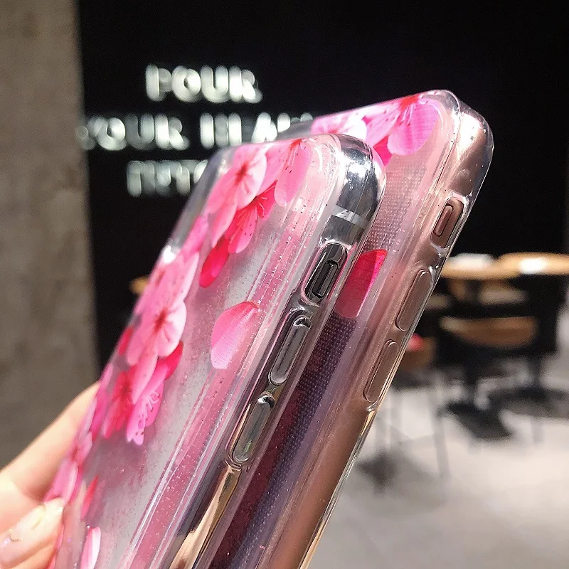 Glitter Flowing Transparent Bling Pink Flowers At The Top Right Corner Around Camera For iphone 6 6S 78 Plus X XS XR XSMAX | Мобильные