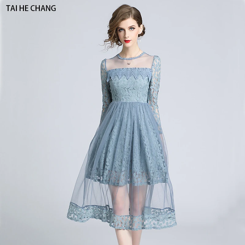 

Women 2018 Autumn Mesh Patchwork Lace Dress Ladies Runway Vintage Female Slim Sexy Party Casual Bodycon Elegant Dresses