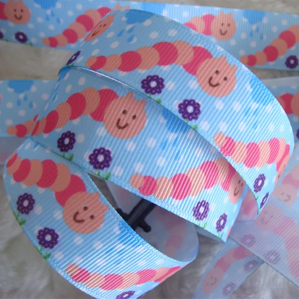 5 Yard 22mm 7/8&quot Grosgrain Ribbon Printed Caterpillars Flower Dot Blue Bottom DIY Hairbow 1570 Gift Wrapping Craft | Дом и сад