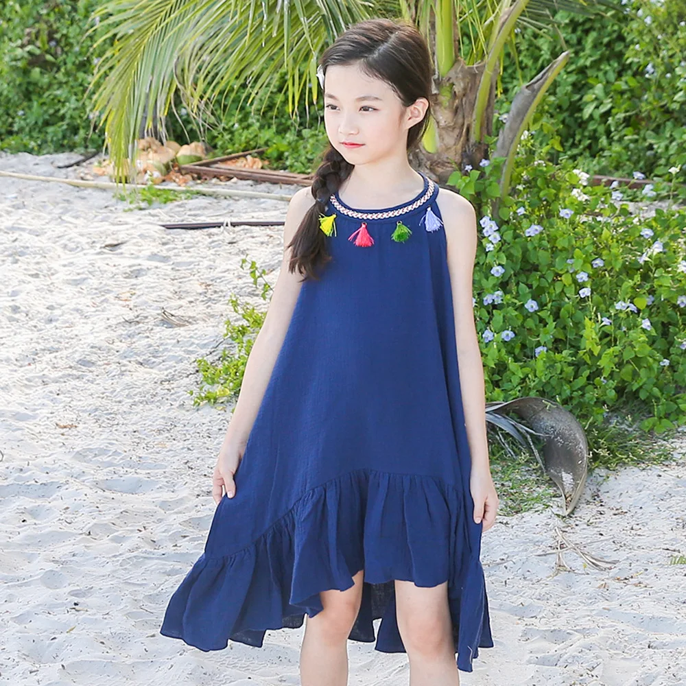 Платье-майка для девочек-подростков из хлопка и льна лето 2018 Детские платья