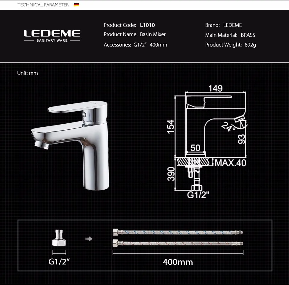 LEDEME Смеситель для умывальника латунь Цвет: хром L1010