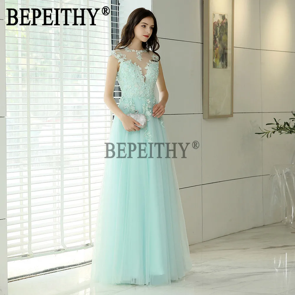BEPEITHY vestido de festa дизайн с высоким вырезом короткий рукав Тюль Аппликации Длинные вечерние платья новое поступление