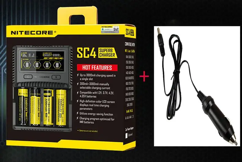 SC4 and car charger NITECORE SC4 интеллектуальная Быстрая зарядка супер зарядное устройство 4 слота 6A общий выход для IMR 18650 14450 16340 AA батарея+ Автомобильное зарядное устройство D5 - Цвет: SC4 and car charger