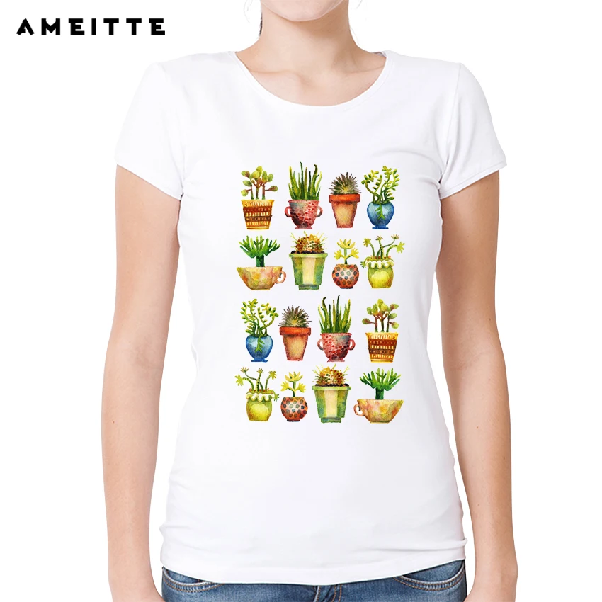 Женская футболка с принтом Succulents белая Повседневная коротким рукавом лето 2019|tee
