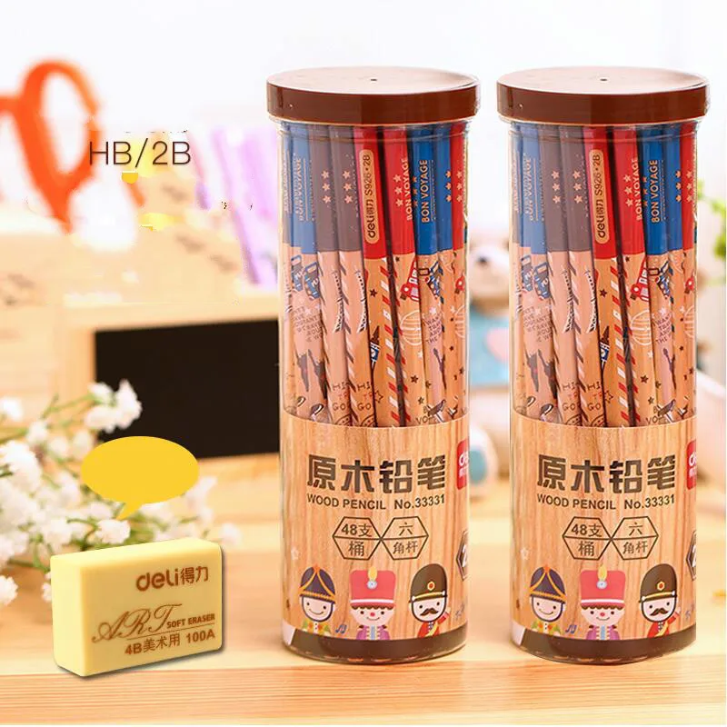

bassos print 48pcs/bottle barreled deli pencil hb / 2b child painting primary school students pencil