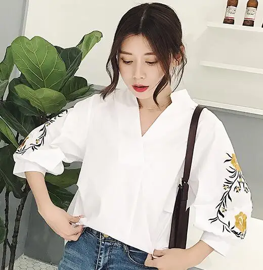 Кэрол Дневники Для женщин фонарь рукав вышитый цветок белая рубашка женская