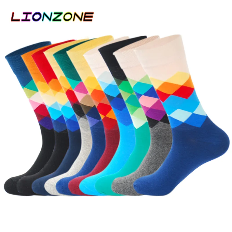 LIONZONE 10 пар/лот мужские градиентные алмазные счастливые носки забавные красочные скейтборд Мода чёсаный хлопок Мужские носки