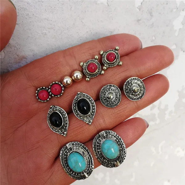EJTS114 boho Дизайн 6 видов Винтаж геометрические серьги набор для Для женщин Мода каменный цветок Малый серьги букле d'oreille Femme серьги сердце серьги акрил пуссеты - Окраска металла: EJTS114