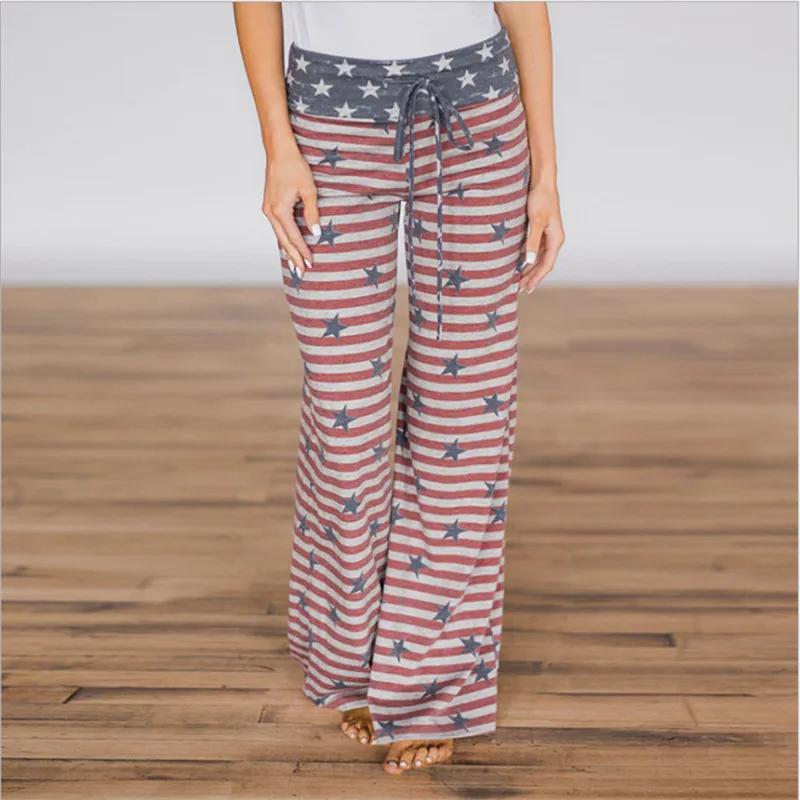 2018 повседневные брюки Для женщин печати шнурок Широкие штаны Звезды и полосы