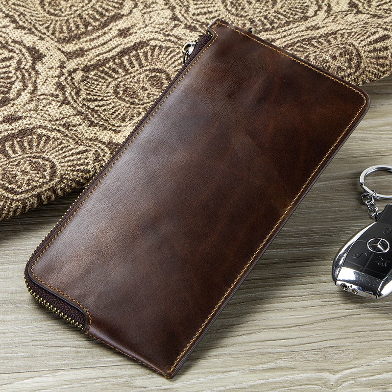 Vintage Wallets Men Crazy Horse Leather Wallet Zipper Long Purses RFID Wristlet Clutch Coin Purse Card Holders Big Capacity | Багаж и
