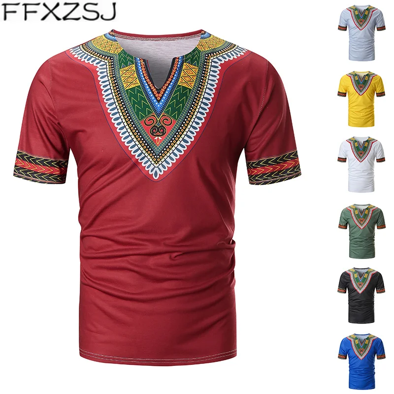 

FFXZSJ New Arrived Folk-custom T-shirts Men Summer Casual African Print V Neck Pullover Short Sleeve T-shirt Top Blouse camiseta