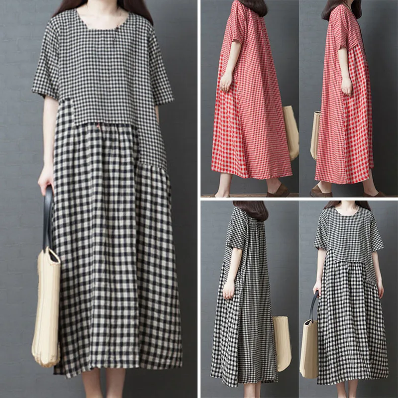 Женские свободные плюс размер удобные нерегулярные строчки плед длинное платье |