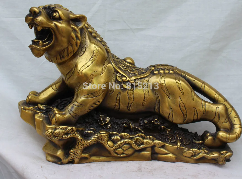 

bi0011660 15"Chinese Bronze Carving Zodiac Year Up To Hill Tiger Tigre On Tree Base Statue