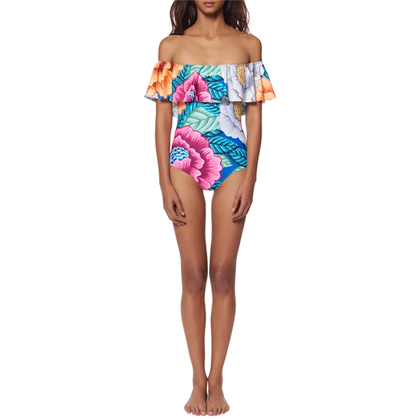 Women Sexy Floral Off Shoulder Swimwear Ruffle Female Bathing Suit Monokini Thong One Piece Swimsuit | Спорт и развлечения