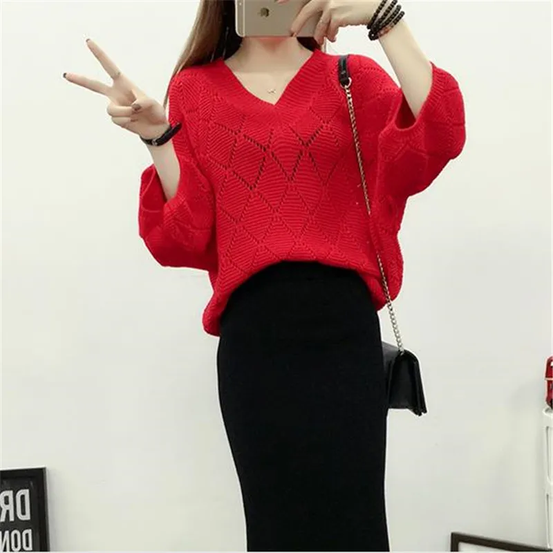 2019 spring autumn loose sweater fashion large size hollow blouse women pullover new Knitted bat shirt female tide A1174 | Женская