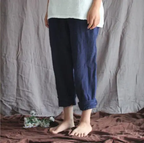 Летние женские хлопковые льняные узкие брюки размера плюс M-4XL/5XL/6Xl с карманами, повседневные однотонные плиссированные винтажные штаны с эластичной резинкой на талии - Цвет: navy blue