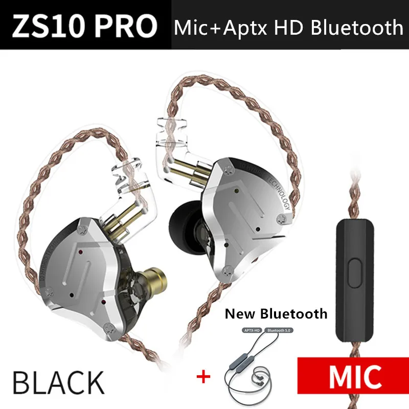 BlackMicAptxHDblueto Плотным верхним ворсом KZ ZS10 Pro HDBluetooth вкладыши Наушники Гибридный 4BA+ 1DD HIFI Басс наушники металлические наушники спортивные Шум шумоподавлением гарнитура монитор - Цвет: BlackMicAptxHDblueto