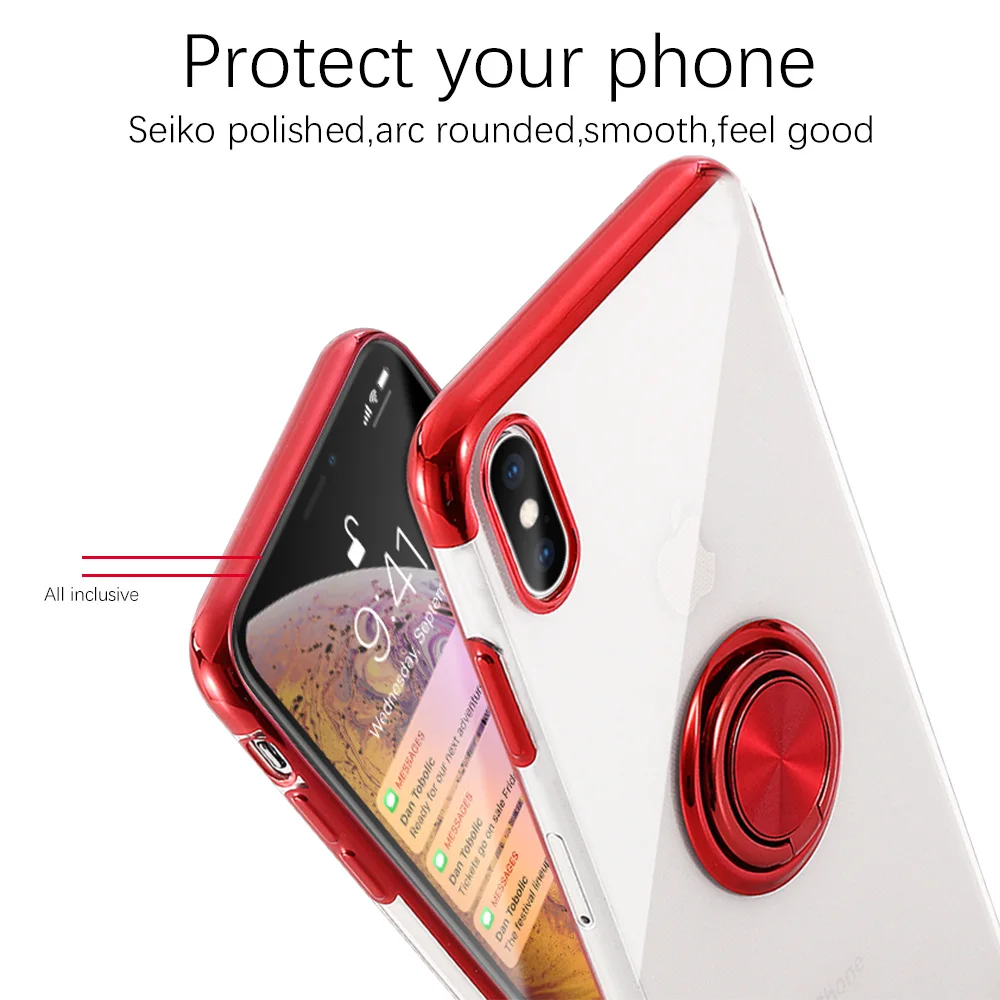 Ascromy For iPhone X Case 360 Rotatable Ring Holder Kickstand Magnetic Car Mount Silicone Cover Coque XS Max XR 8Plus |