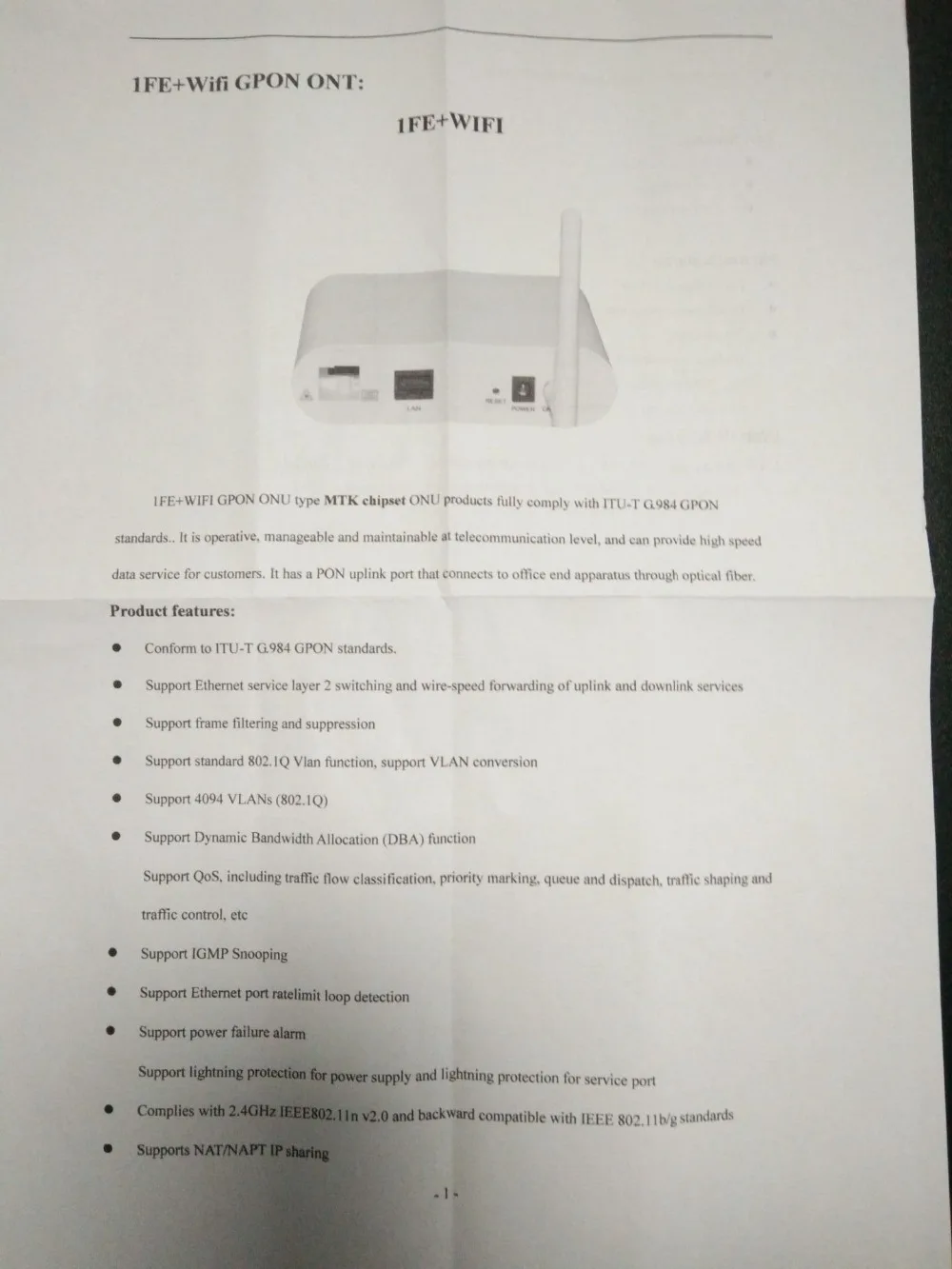 

Network Routers Telecom Equipment 1 FE+wifi GPON ONU