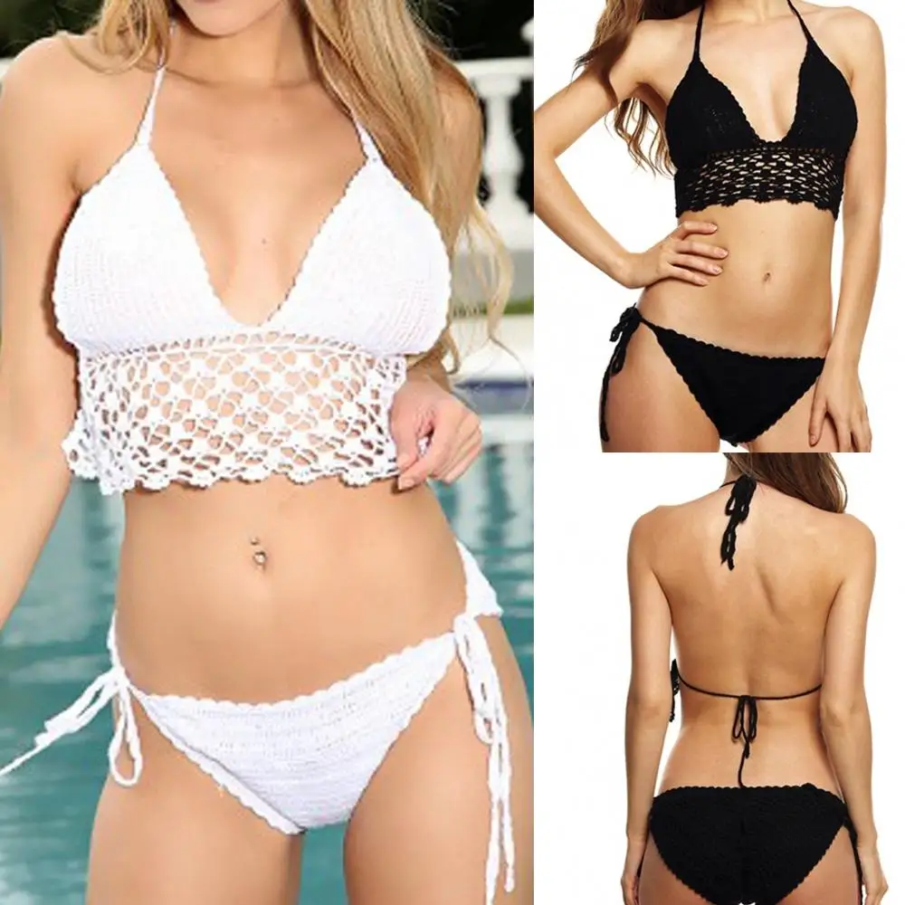 Женский купальник бикини однотонный с завязками трикотажная пляжная одежда