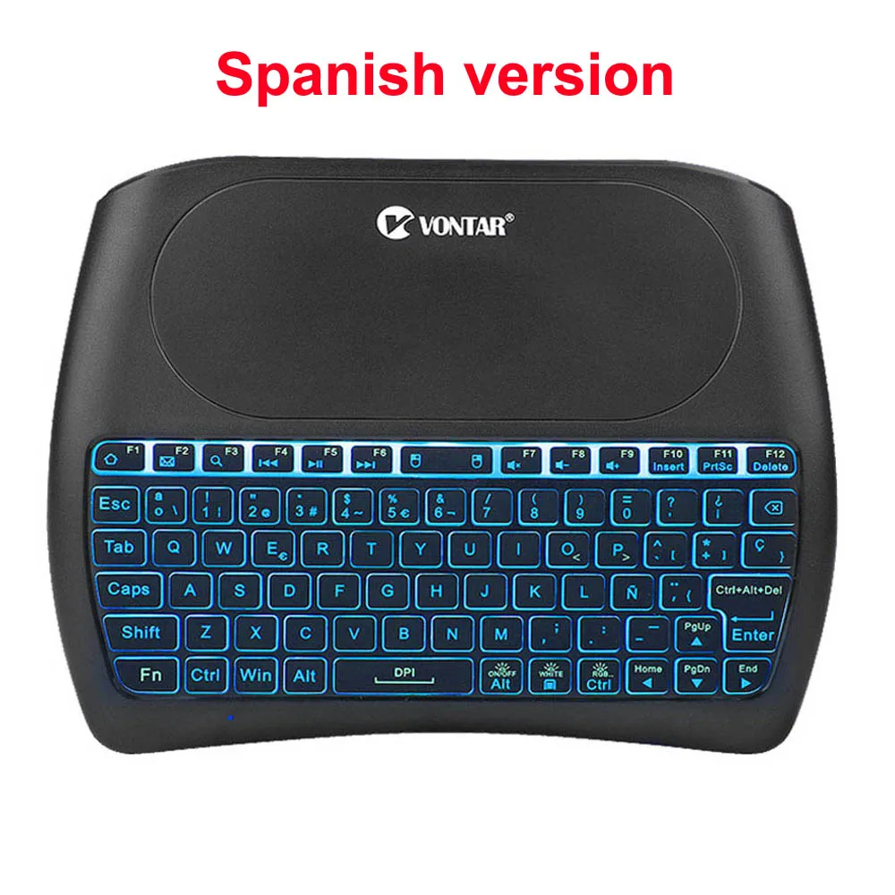 Spanish version 2,4 ГГц мини беспроводная клавиатура D8 pro 7 цветов подсветка i8 Air mouse Английский Русский тачпад контроллер для Android tv Box PC - Цвет: Spanish version