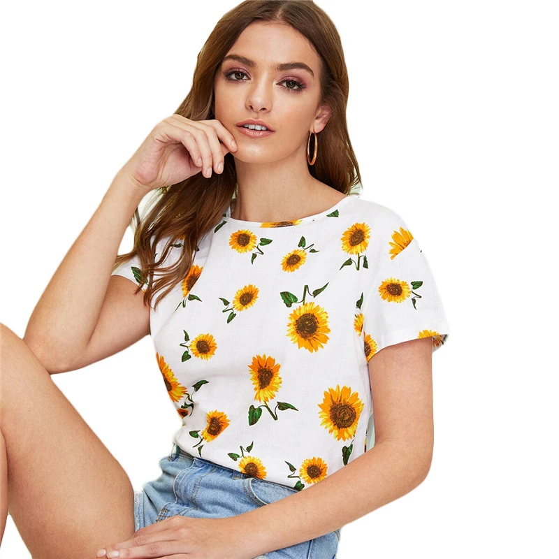 SHEIN топ с принтом подсолнуха женская одежда Повседневная Белая Летняя футболка с коротким рукавом и круглым вырезом Корейская одежда топы