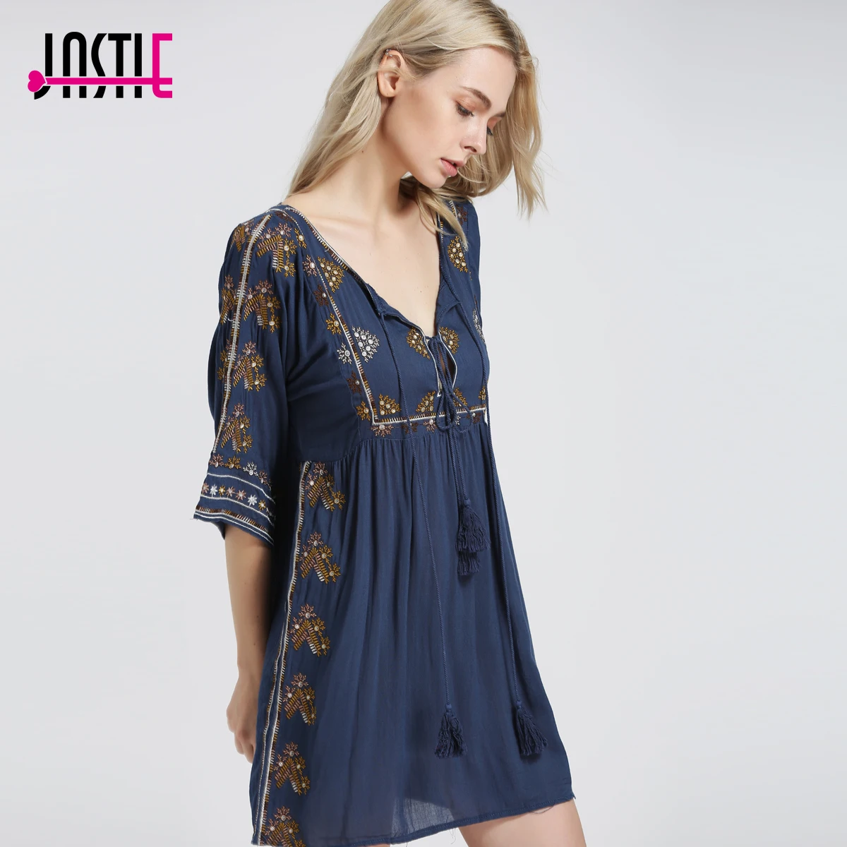 

Jastie Starlight Mini Dress Boho Floral Embroidered Women Dresses Cutout Neckline with Tie Sexy Dress Summer Vestidos 5808