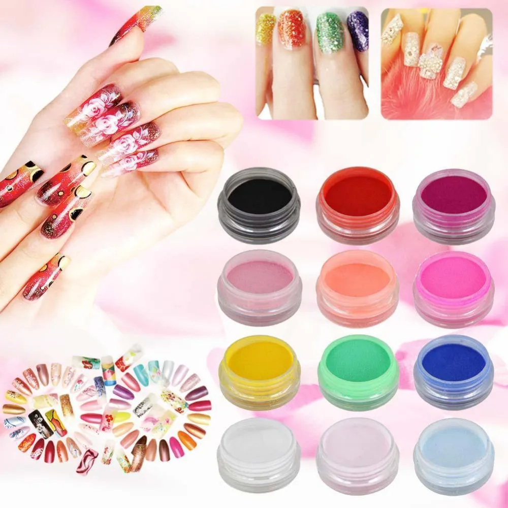 12 смешанных цветов акриловые ногти искусство Советы УФ гель порошок пыль 3D набор