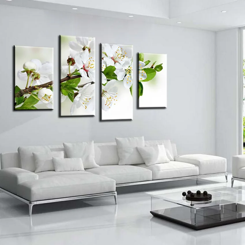 

Unframed 4 Panel White Pear Blossom Flower Larage HD Print Painting Modern Oil Painting For Living Room Home Wall Decoration